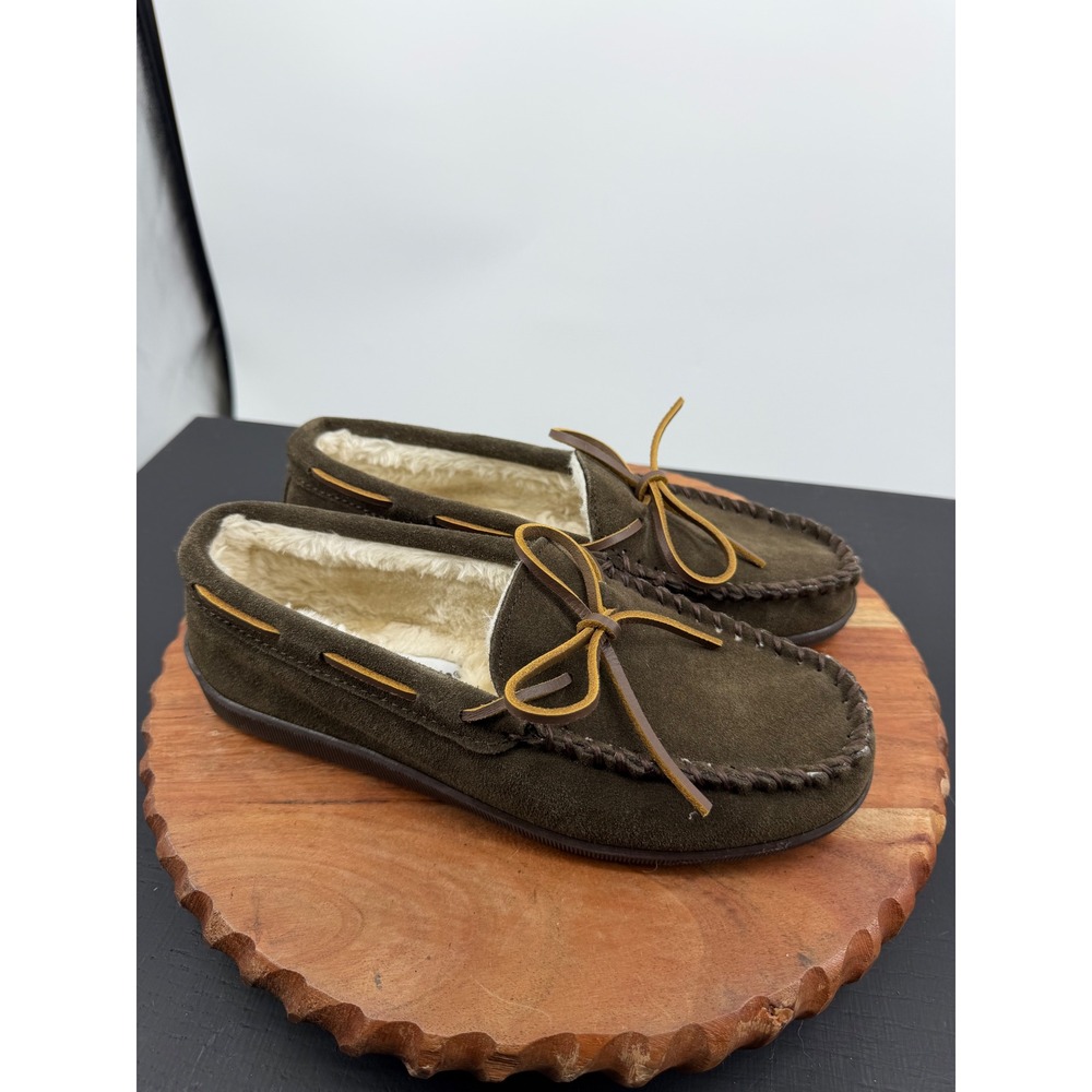 Minnetonka piled lined Suede Moccasin Slippers Mens 7.5 brown Faux Fur Lined